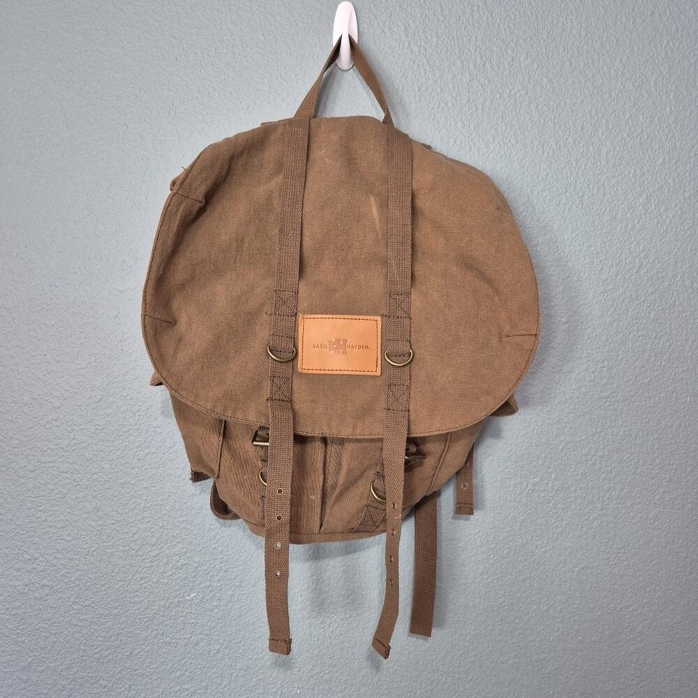 Basil Haydens Backpack Bag Canvas Brown Strappy Drawstring Buckles Pockets
